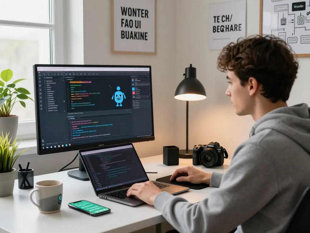 Developer utilizing clawd bot in a modern home office with tech gadgets.