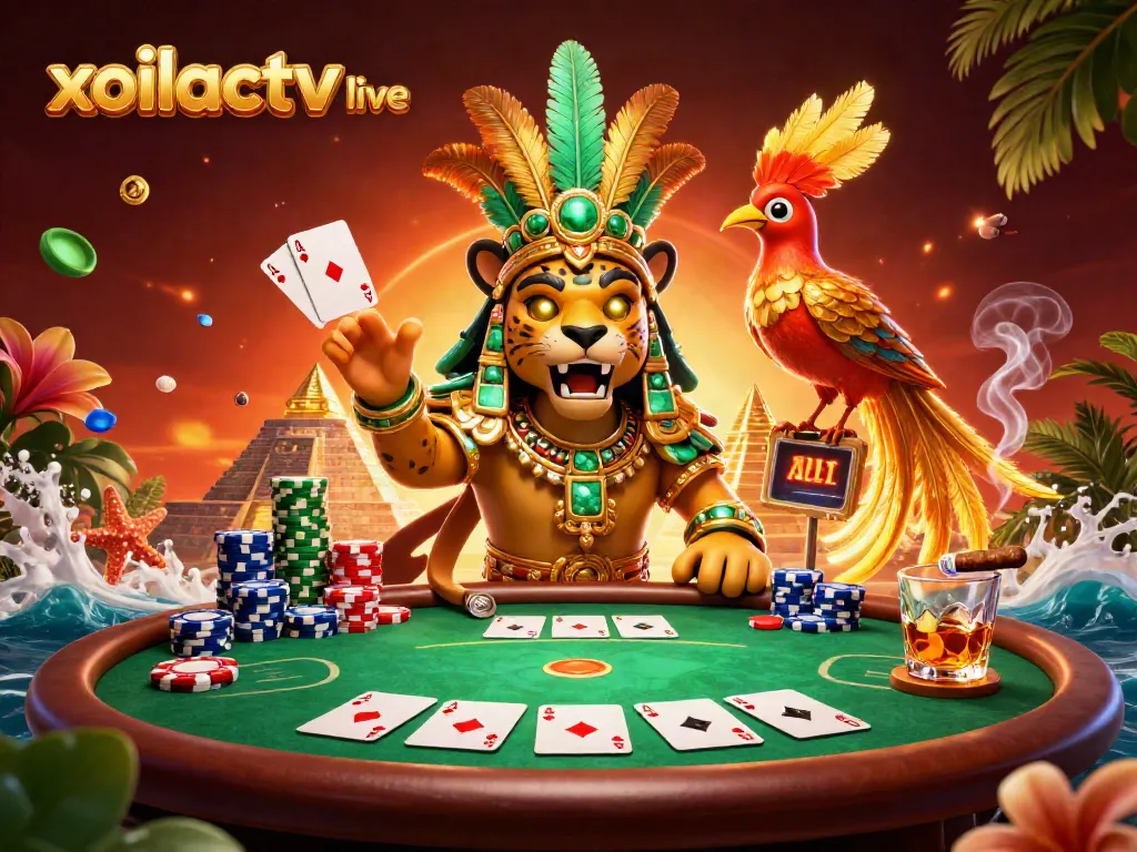 Experience the excitement of playing at xoilactv live with this epic illustrated scene featuring a Mayan jaguar priest and vibrant game elements.