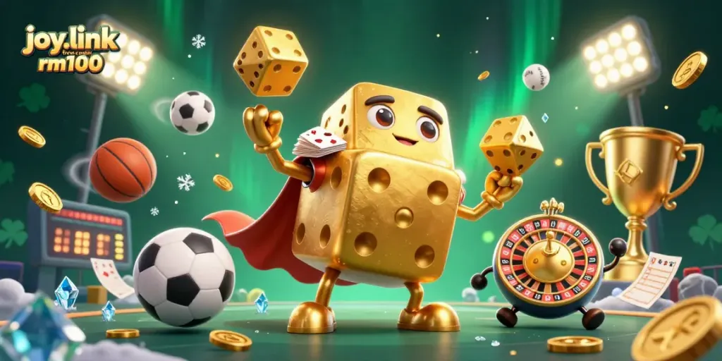 Engage with joy.link free credit rm100, featuring dynamic gaming elements in an exciting 3D illustration.