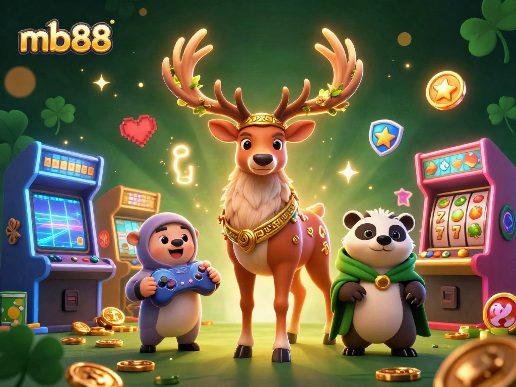 Engage with mb88's vibrant 3D casino illustration showcasing dynamic gaming elements and characters.