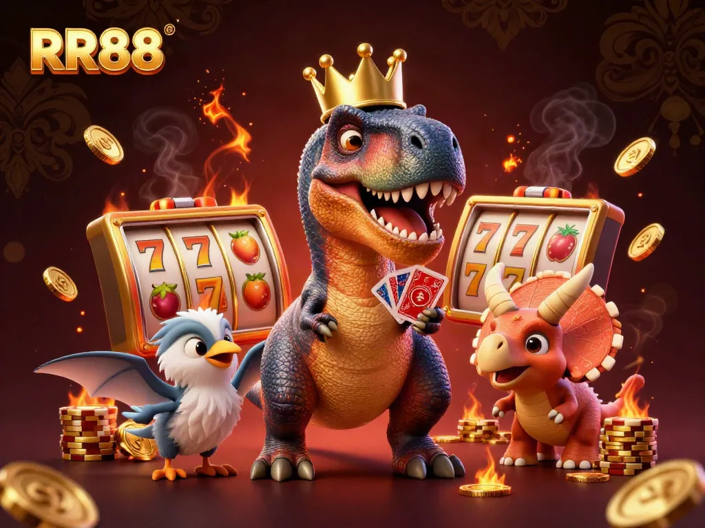 Experience the excitement of RR88 with a T-Rex and friends shuffling cards and stacking chips in a vibrant casino scene.