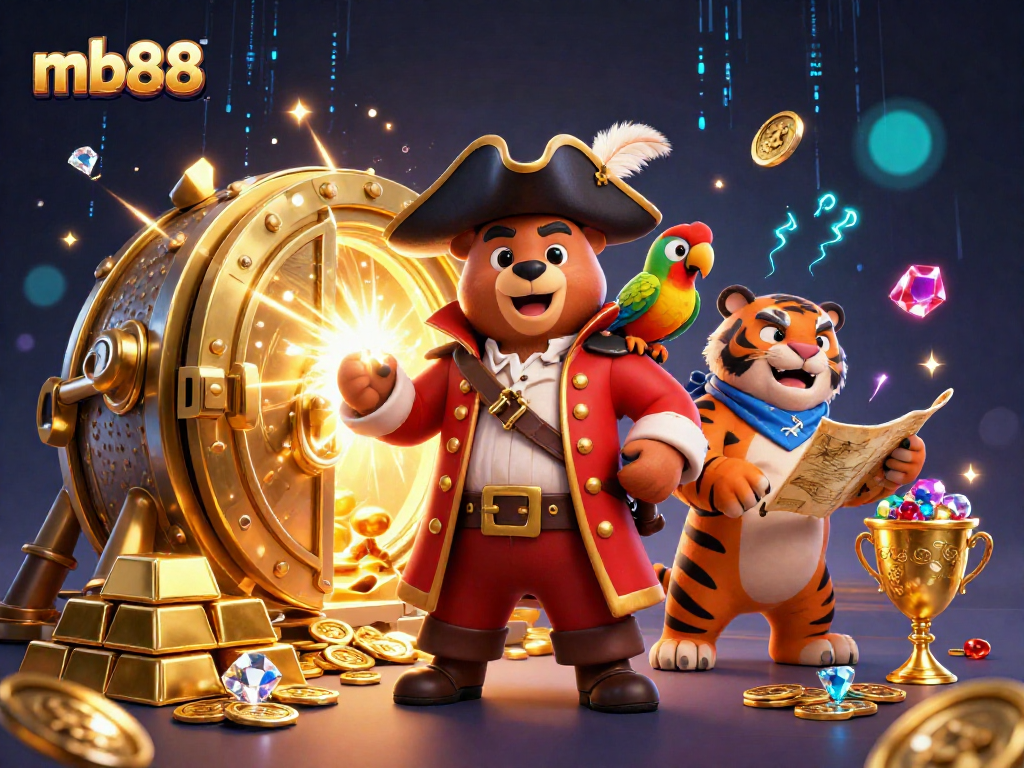 Experience the thrill of mb88 as the cartoon pirate captain bear leads a treasure hunt through a vibrant casino world.