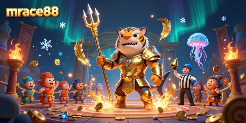 Engage in thrilling gameplay with mrace88 featuring a fierce tiger shark gladiator in an exciting underwater casino scene.