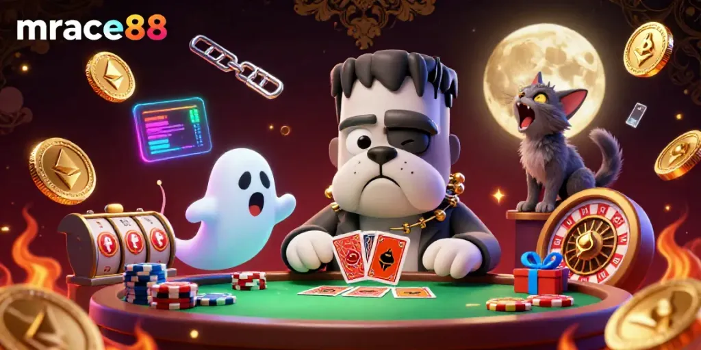 Play with mrace88's vibrant gaming scene featuring a unique 3D Frankenstein bulldog dealer.