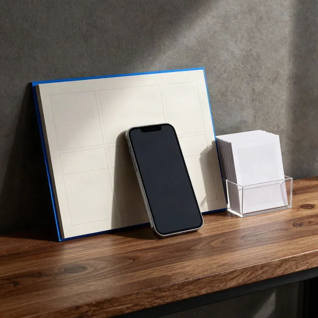 Papan templat media sosial, mockup telefon dan kad ujian dalam bekas akrilik di atas bangku kayu walnut.