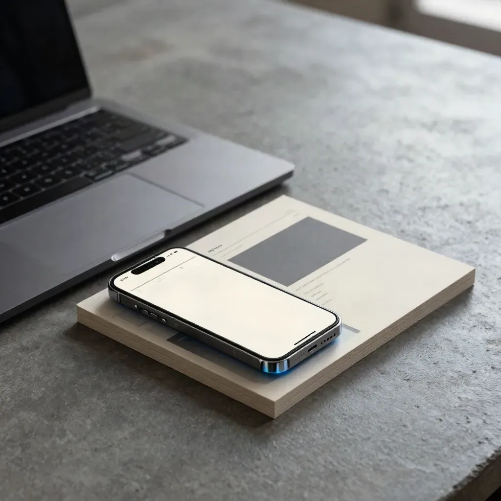 Komposisi laman web kecil dengan laptop tertutup, mockup telefon dan blok halaman busa.