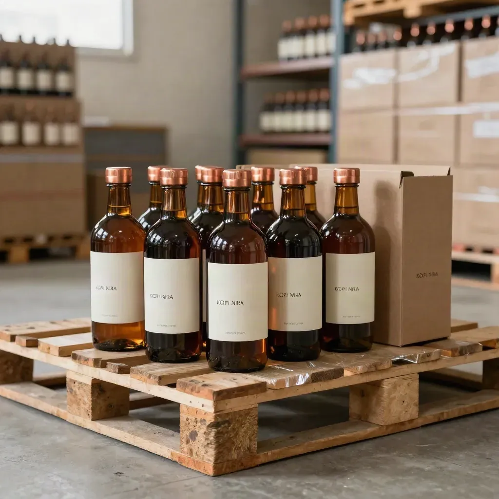 Botol Kopi Nira, kotak kraft dan mockup label di stor-room, sedia masuk rak.