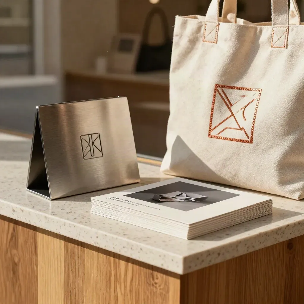 Butik seragam: papan tanda, tote dan mockup pos sosial di kaunter hangat.
