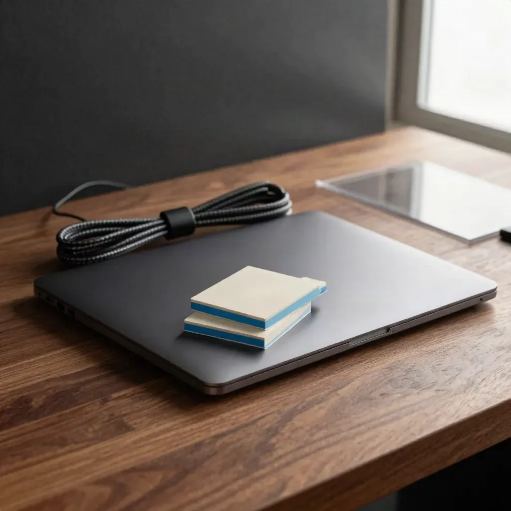 Kluster alatan pereka laman web di bangku kayu walnut gelap, laptop tertutup, trackpad, kabel, sampel warna biru elektrik.
