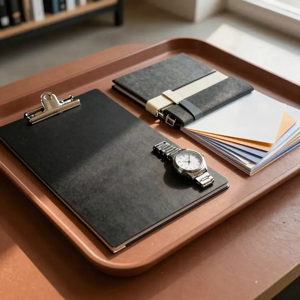 Tray projek dengan clipboard, binder, ikatan kabel, jam dan tab sampel berwarna di atas permukaan tanah liat.