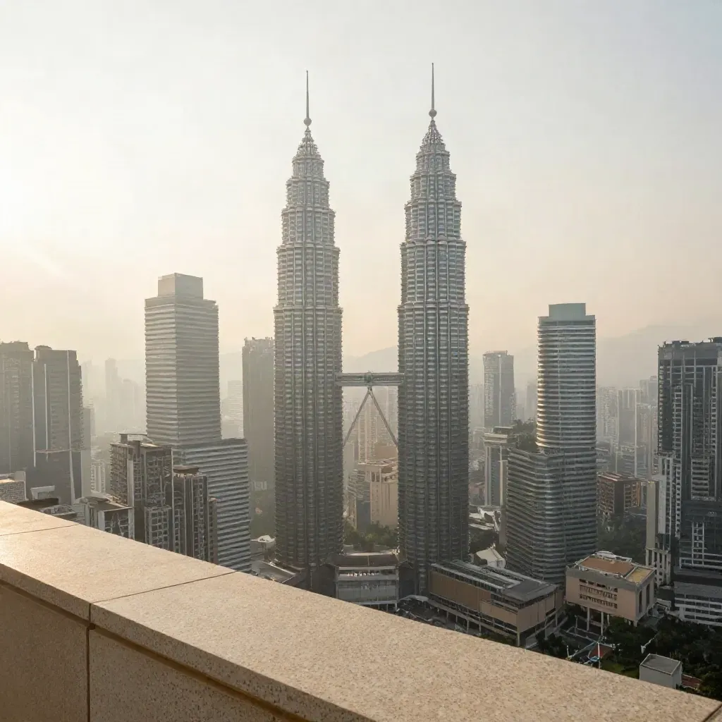 Pemandangan berkabus Kuala Lumpur dengan Menara Berkembar Petronas dan Menara KL pada pagi hangat.