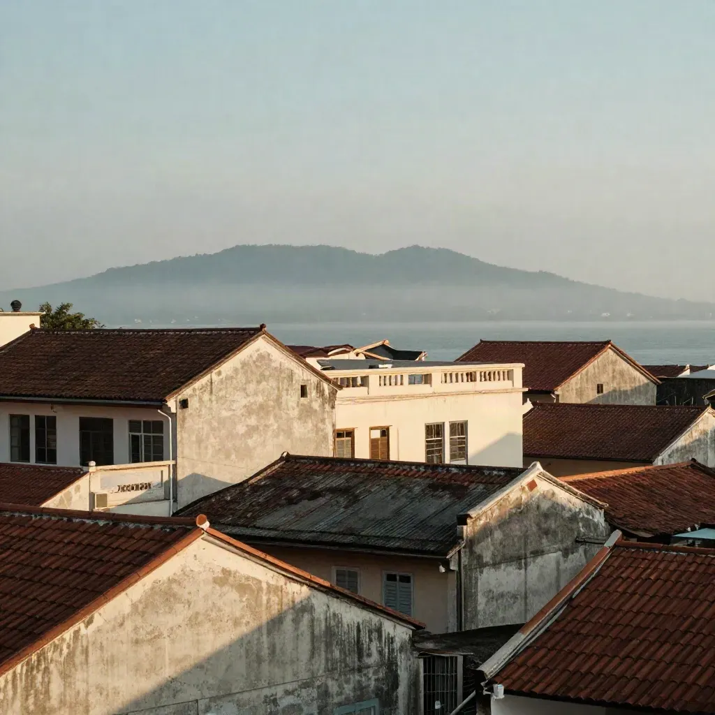 Bumbung George Town diselubungi jerebu laut dengan Bukit Pulau Pinang samar di kejauhan.