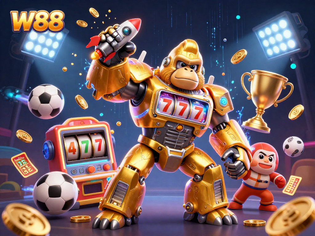 W88 gamblers enjoy thrilling gameplay with slots integrated in a dynamic casino scene.