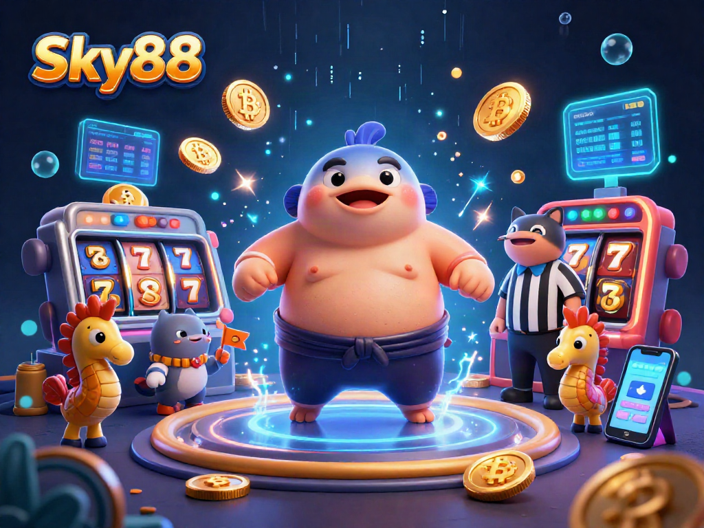 Engage with Sky88's thrilling slot machines in this vibrant underwater casino scene.