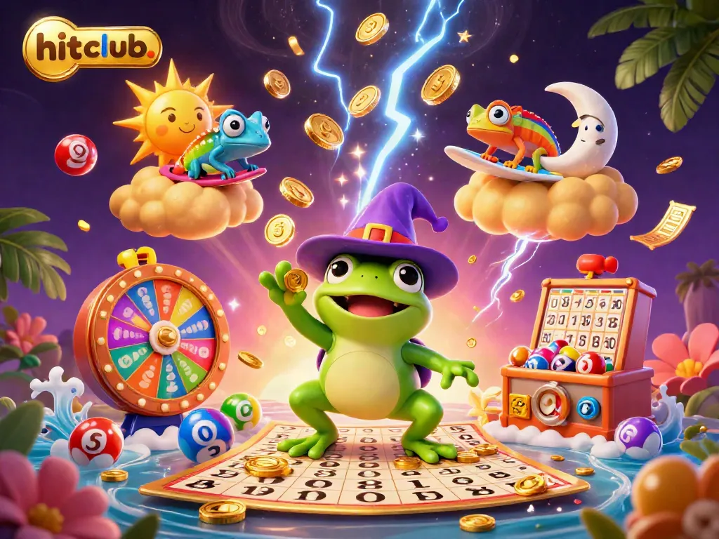 Experience the excitement of winning at hitclub. with a dynamic illustration of a magical carnival atmosphere and engaging game elements.