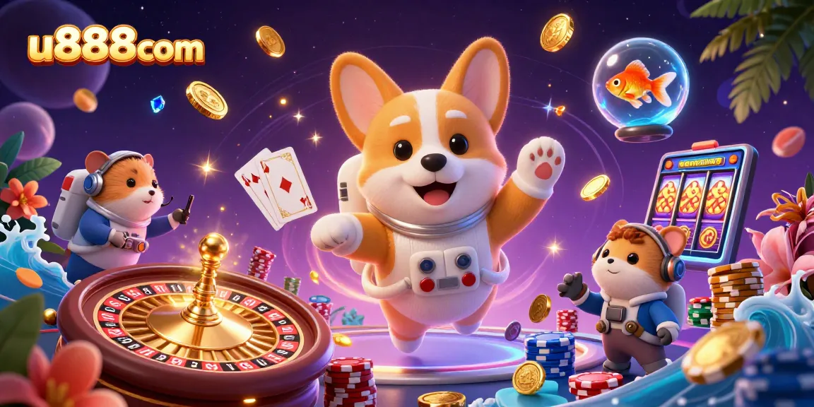 Experience thrilling gaming at u888com with a vibrant 3D casino scene featuring playful characters and exciting elements.