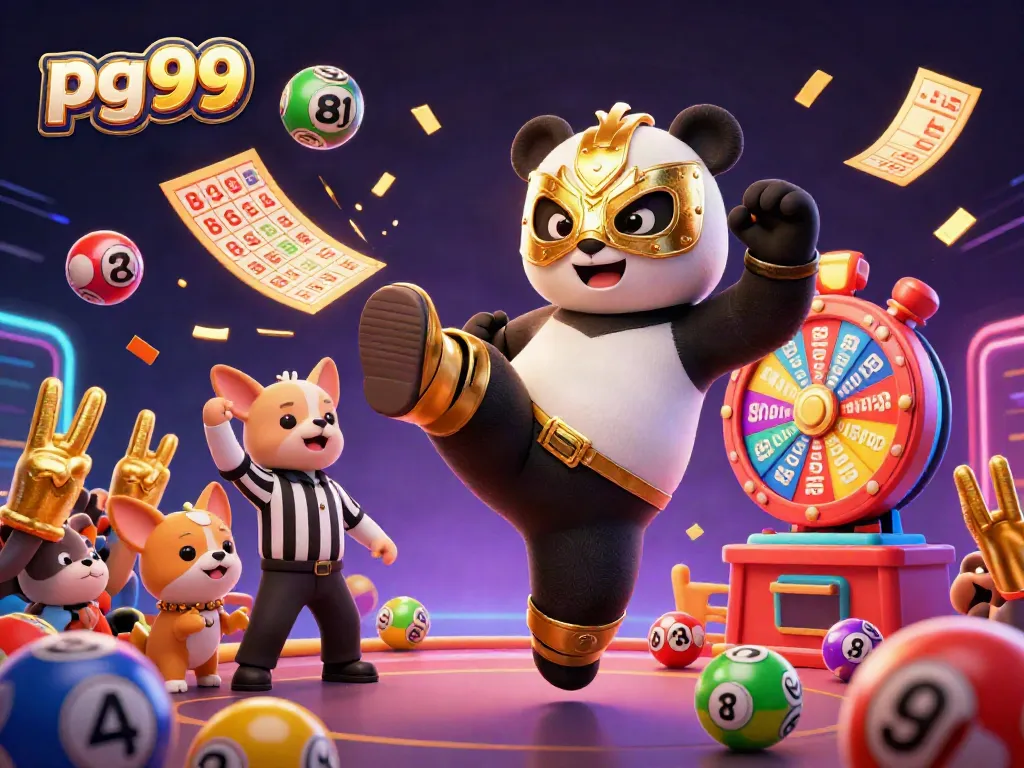 Engage with pg99 as a panda wrestler delivers a dynamic kick amidst colorful lottery scenes.