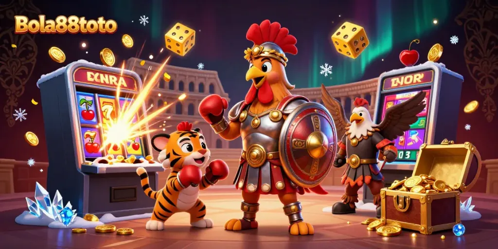 Experience the thrill of Bola88toto with a luxurious gaming scene featuring a gladiator rooster, slot machine, and vibrant casino elements.