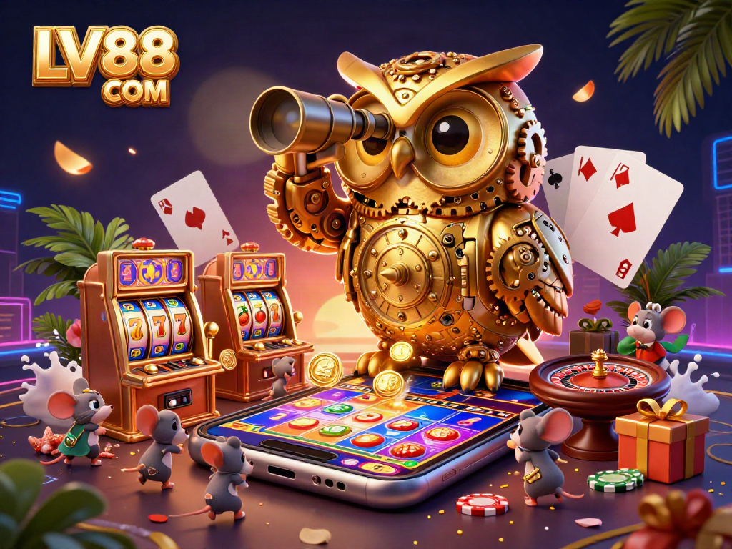 Experience thrilling gameplay at LV88 COM with vibrant casino elements featuring a golden owl and slot games.