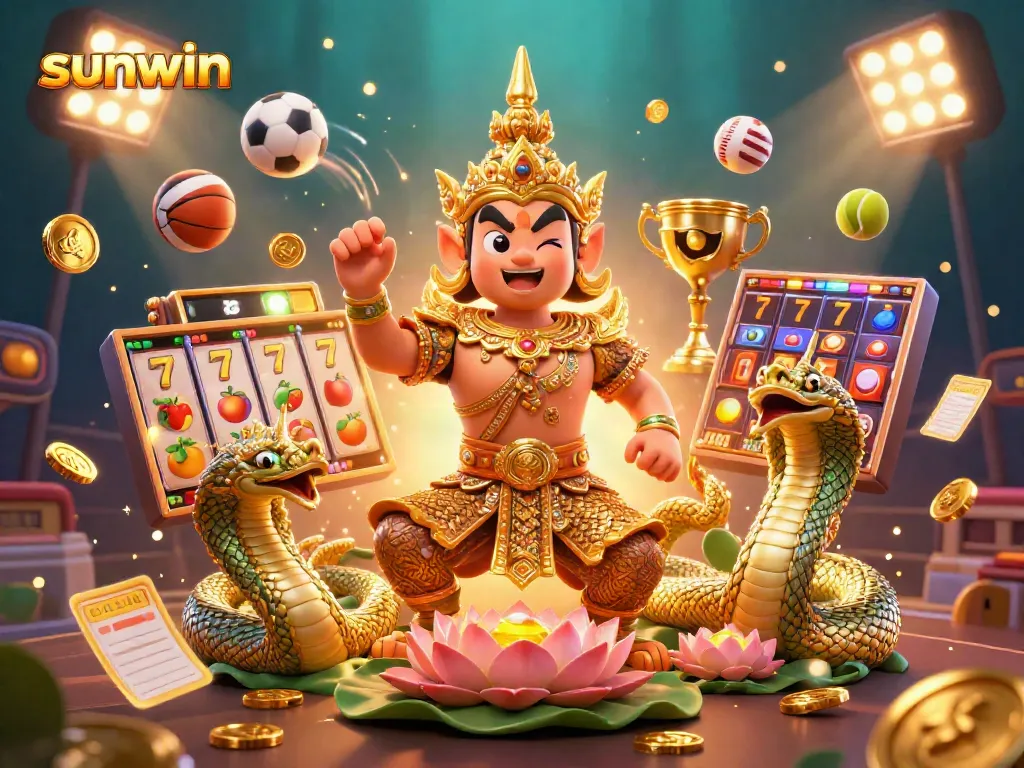 Experience the excitement of sunwin casino gaming with vibrant slot reels and lively characters.
