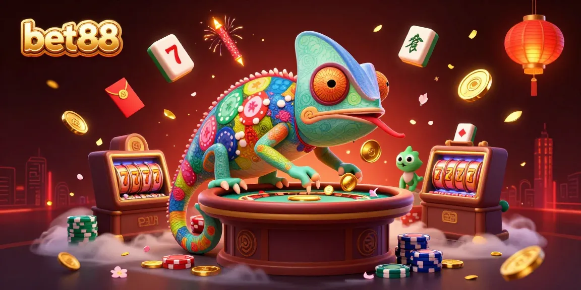 Spin to win at bet88 with a vibrant chameleon casino owner amidst dynamic gaming elements.