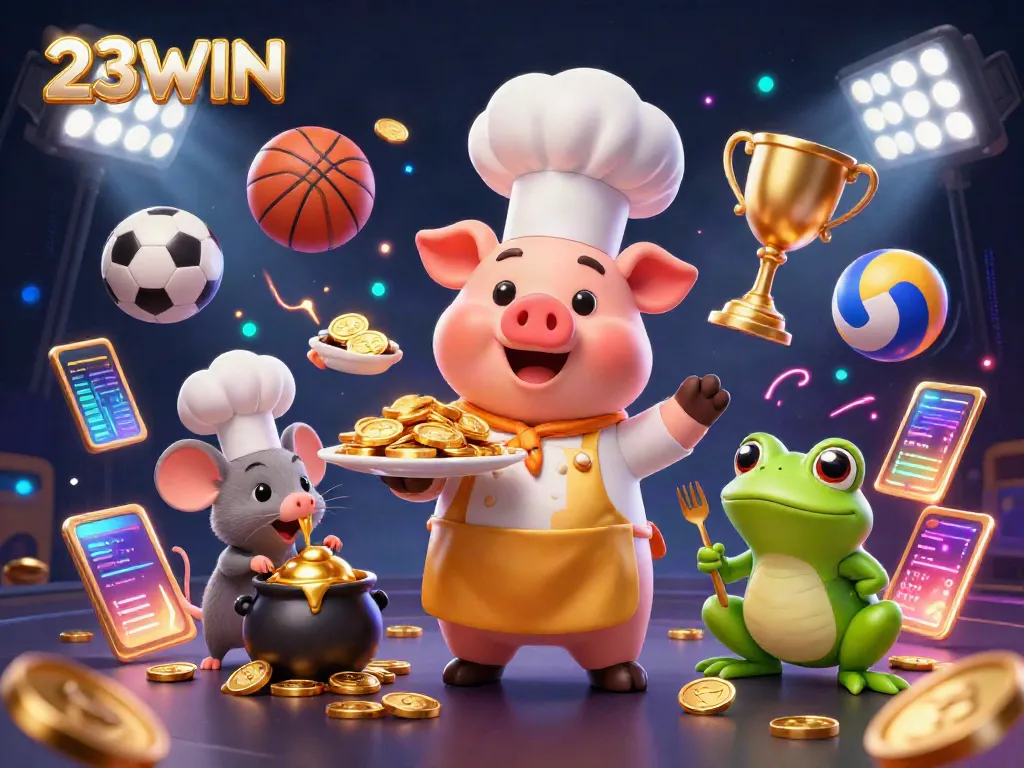 Experience the thrill of gambling with 23WIN in this colorful 3D illustration featuring a pig chef and a frog critic.