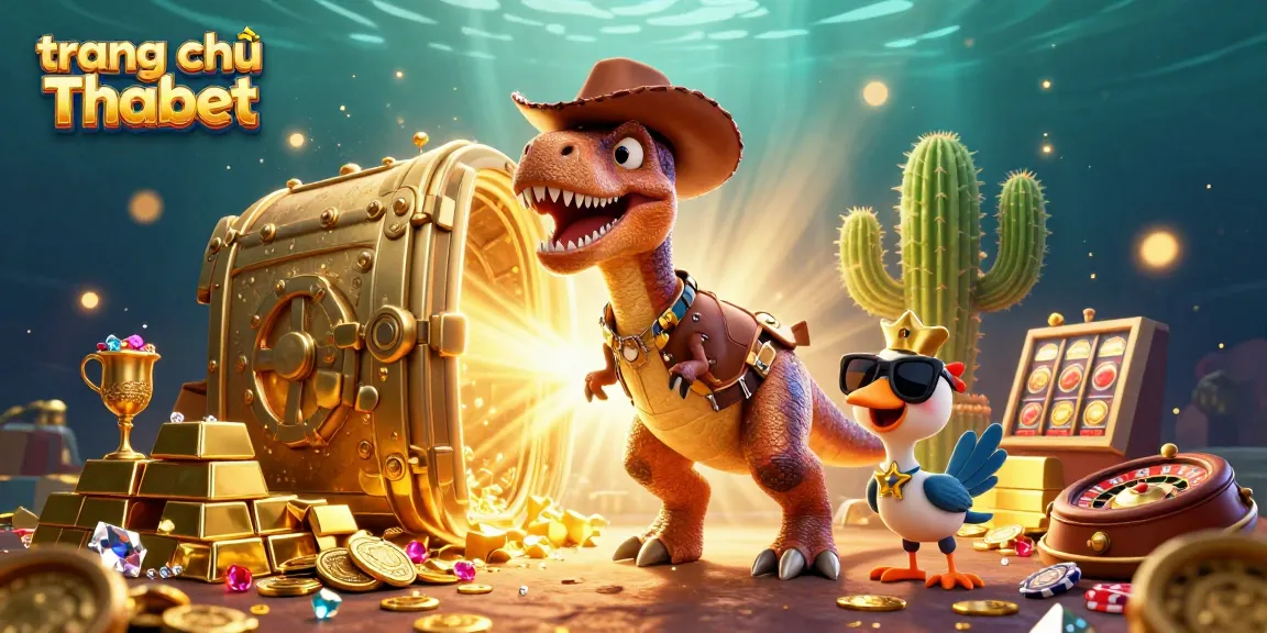 Engage in fun gameplay at trang chủ Thabet with vibrant T-Rex, cactus, and roadrunner surrounded by casino riches.
