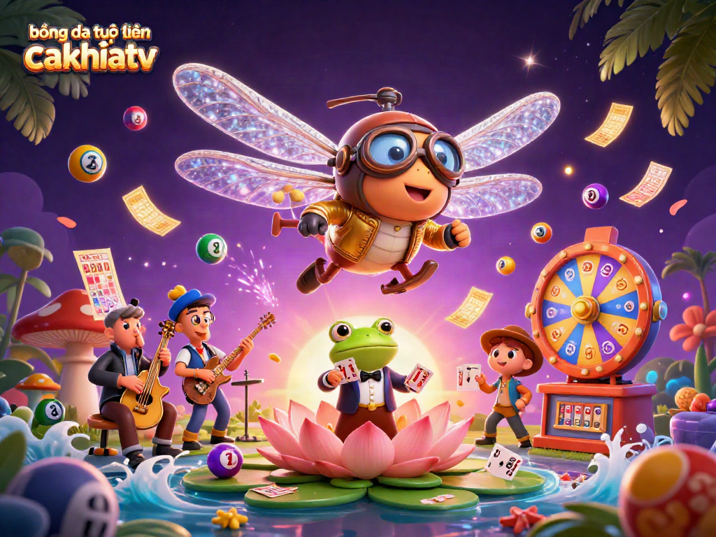 Bong đá trực tuyến cakhiatv features a dynamic scene with a dragonfly pilot and frog croupier in a vibrant casino