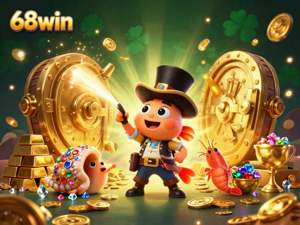 Experience exciting wins at 68win with a vibrant underwater treasure scene featuring lucky symbols.