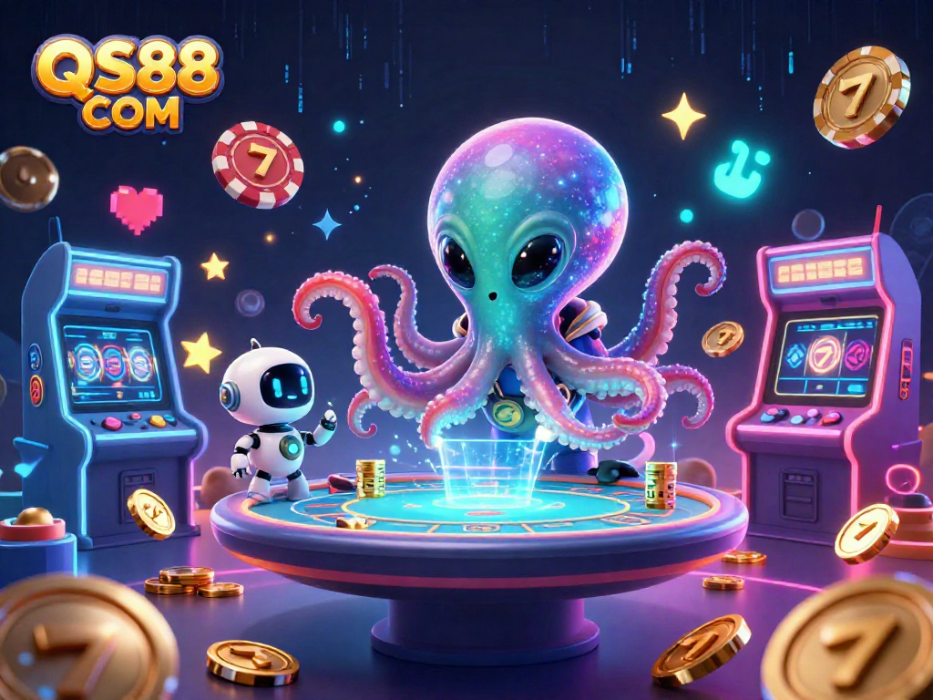 Engage in thrilling games at QS88 COM with a vibrant 3D illustration of an alien octopus at a holographic poker table.