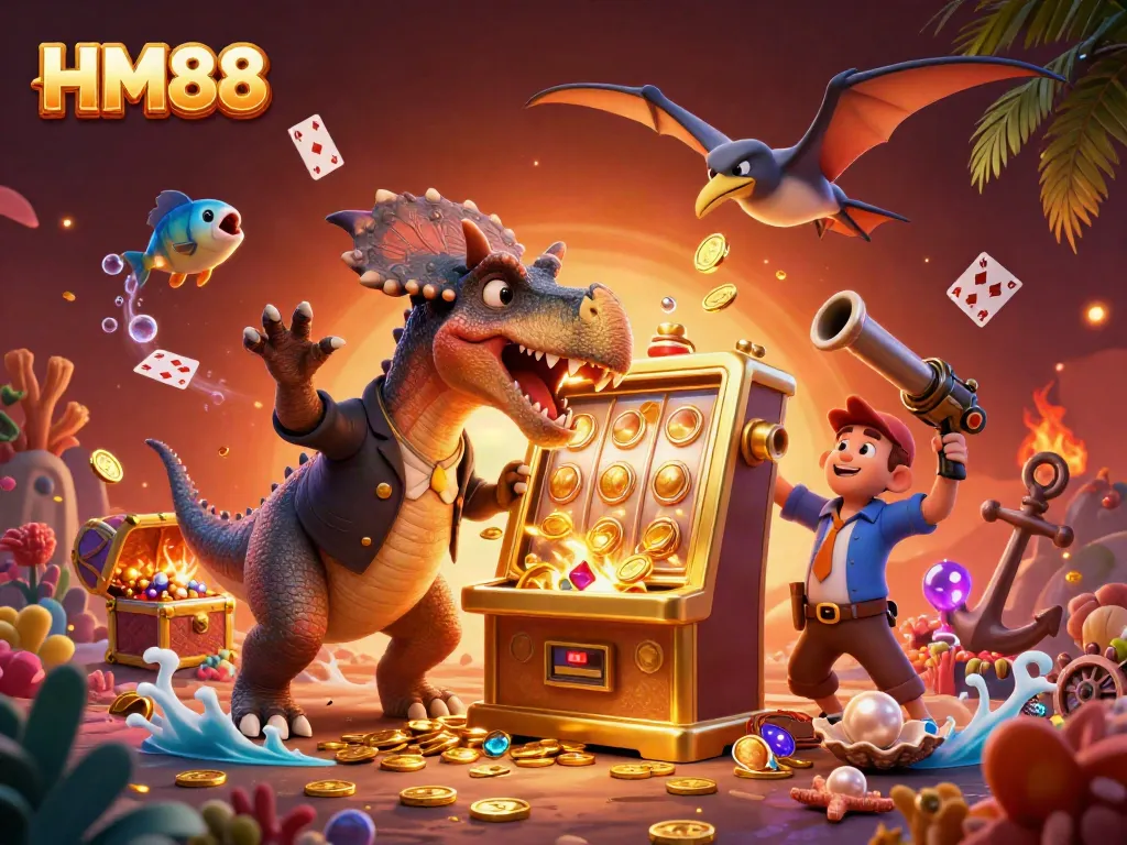 HM88 showcases a 3D pachycephalosaurus winning a jackpot, while an ankylosaur manager panics among flying coins.