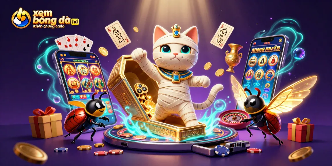 Experience xem bóng đá hd không quảng cáo with vibrant 3D visuals of a mummy cat and casino elements enhancing the gaming atmosphere.