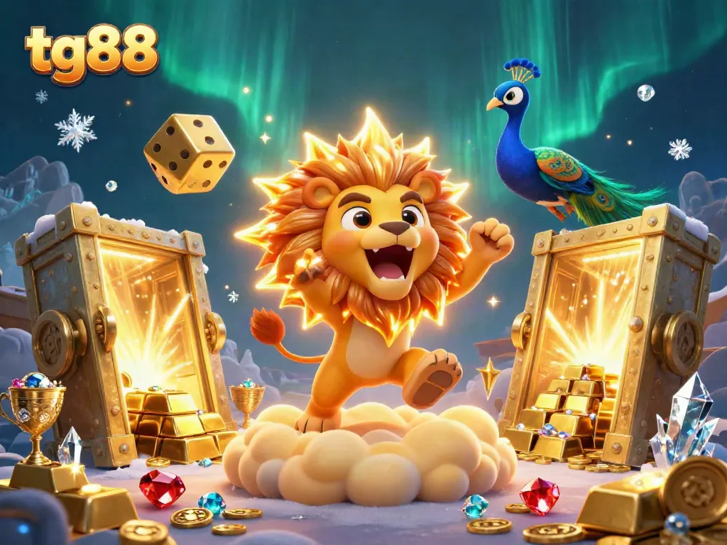 Tg88 showcases a vibrant 3D casino scene with a roaring lion, golden dice, and treasures conveying exciting gameplay.