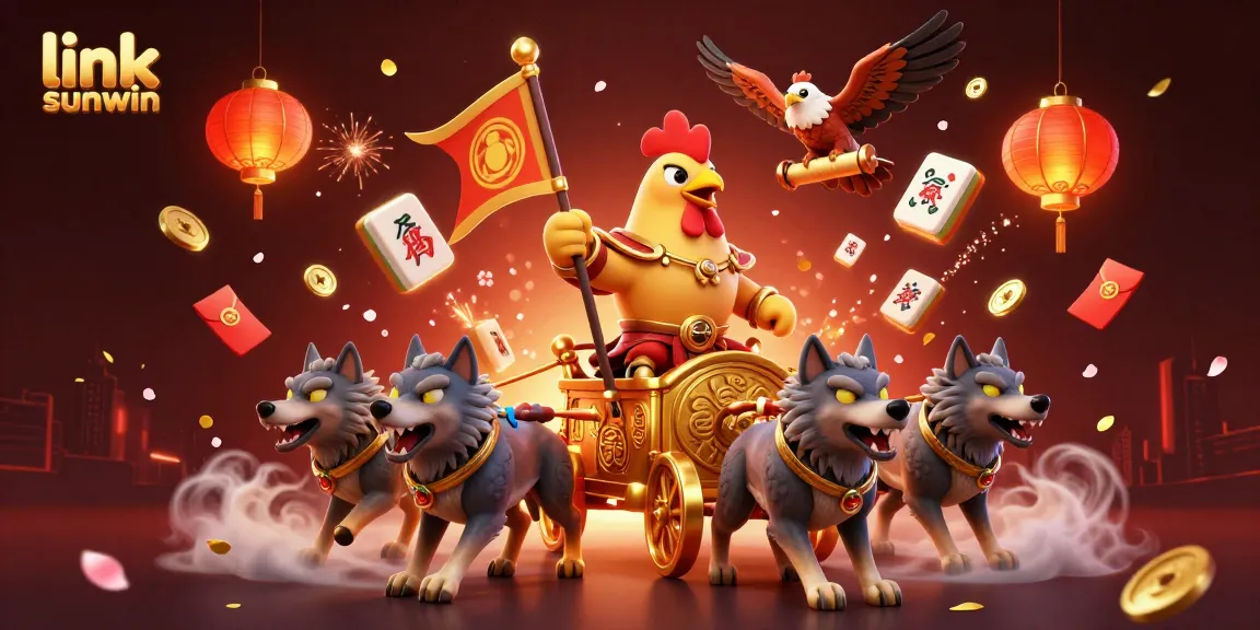 Experience the excitement of gambling with link sunwin, featuring a 3D cartoon rooster warlord in a vibrant casino scene.
