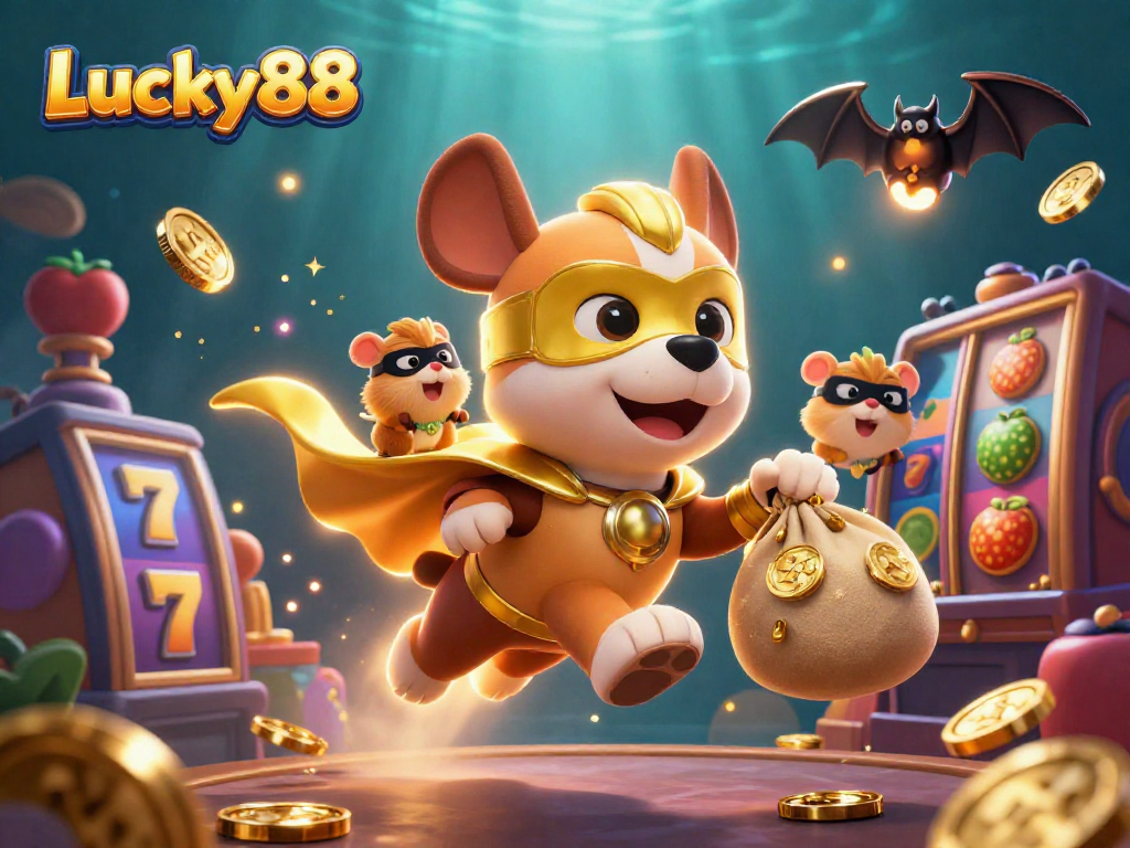 Experience Lucky88's vibrant world of slots with a superhero dog and golden coins.