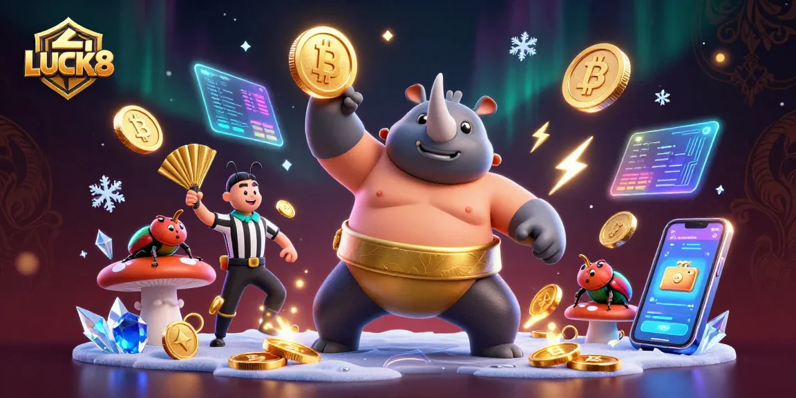 LUCK8 casino featuring a sumo beetle champion sending coins flying during a match.