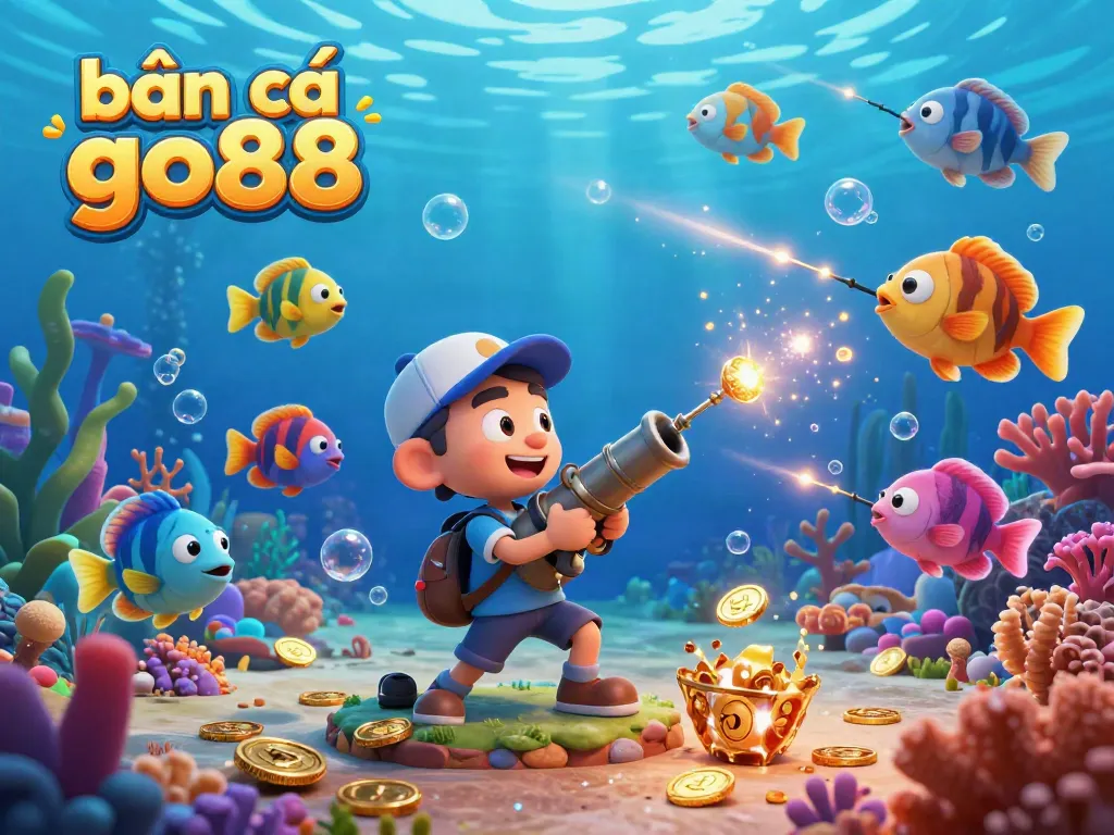 Bắn cá go88 action shows players capturing fish in a dynamic underwater scene filled with treasures.
