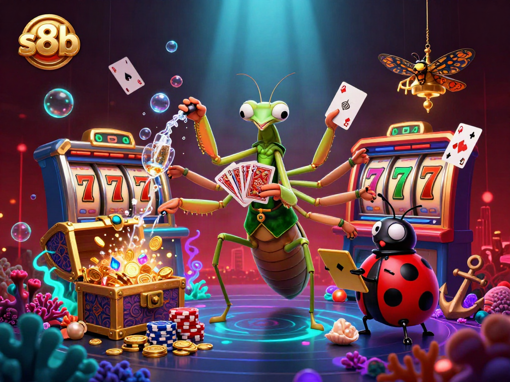 Experience the excitement of s8b with a dynamic casino scene featuring unique gaming characters.