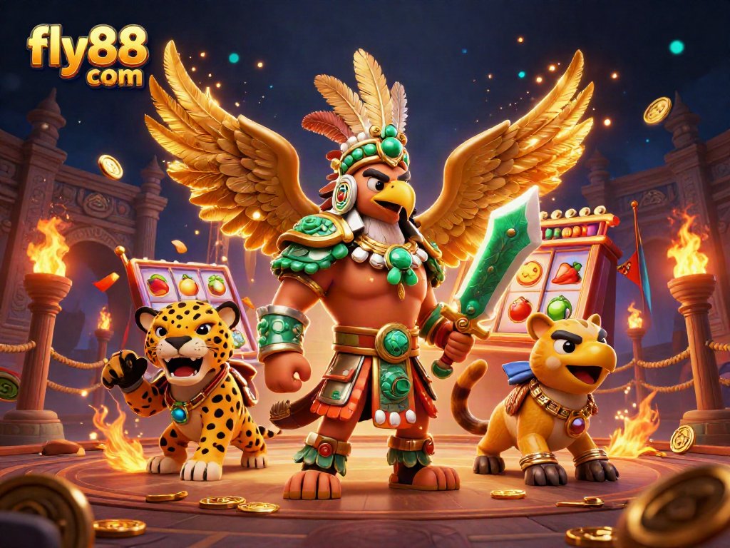 Engage in thrilling gaming adventures with fly88 com's vibrant slots scene featuring Aztec warriors.