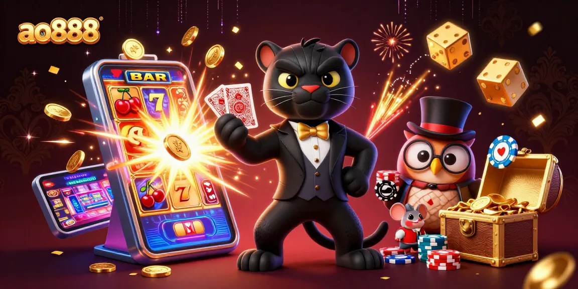 Spin the reels at ao888 with a stylish panther dealer, cute owl, and lucky mouse in a vibrant casino atmosphere.