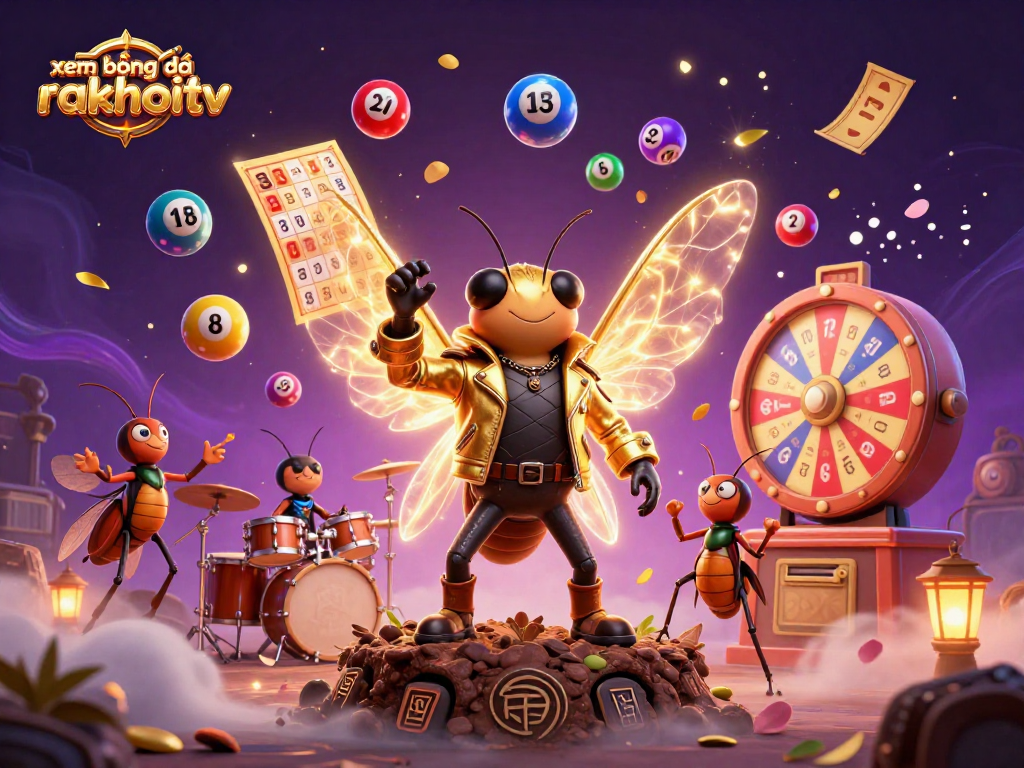 xem bóng đá rakhoitv showcases a vibrant 3D scene with a rock star and dynamic gaming elements.