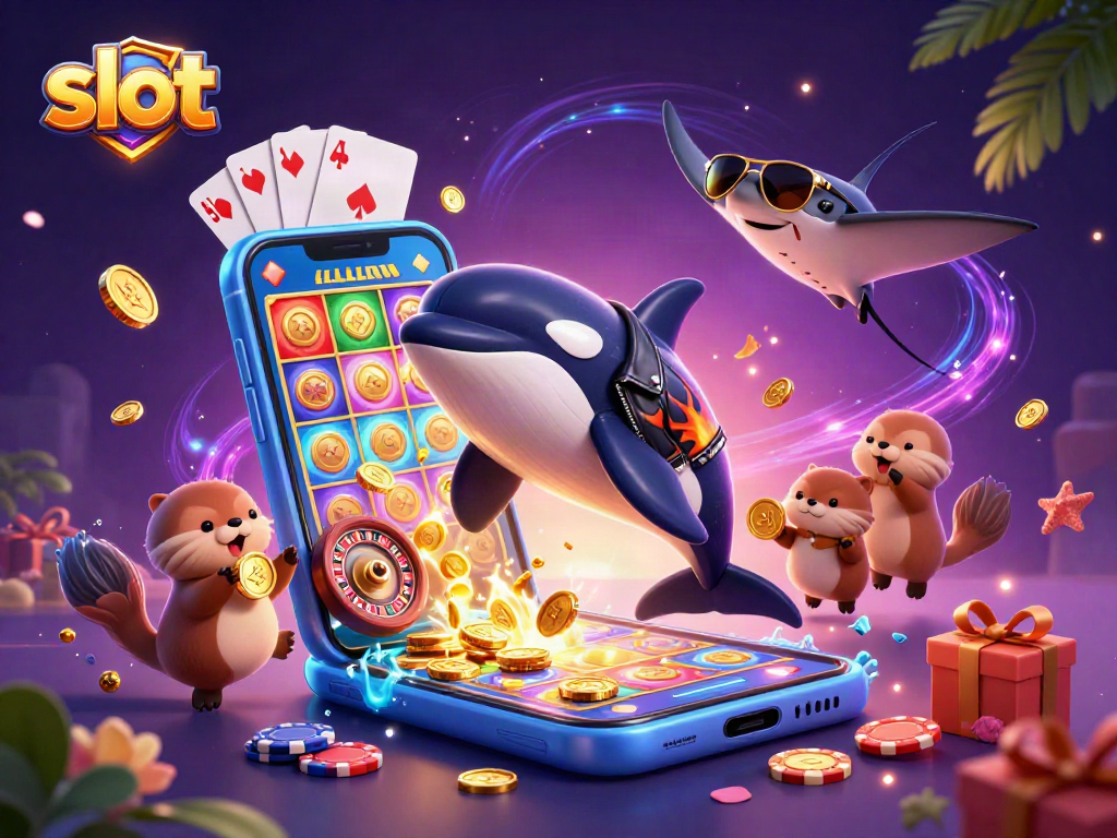 Engage in thrilling slot adventures with characters diving into a vibrant casino scene filled with exciting elements.