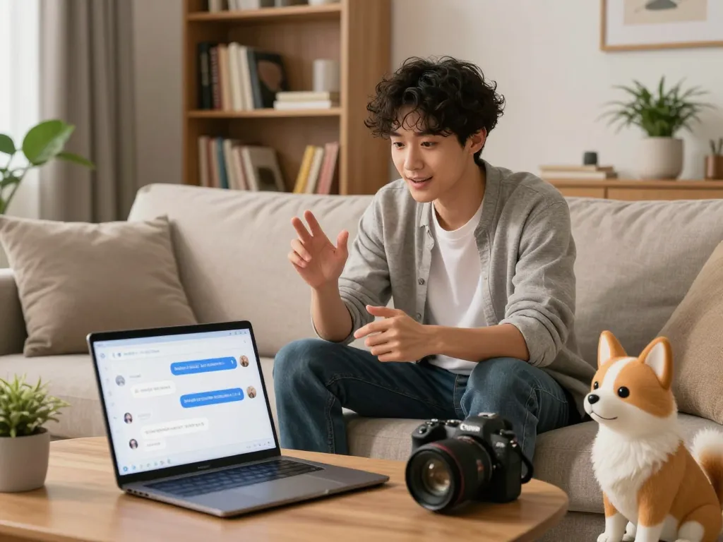 Interactive 18+ AI chat scene with virtual character in cozy setting