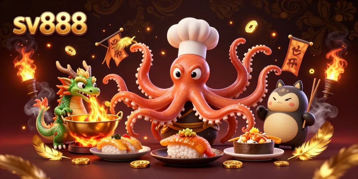 Join the fun at sv888 with a vibrant casino scene featuring a sushi chef octopus, a fire-breathing dragon, and a tanuki customer.