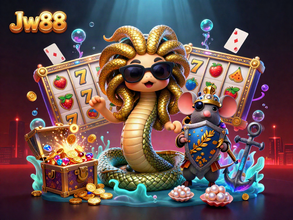 Experience Jw88 with vibrant slot reels and characters in an energetic casino-themed underwater scene.