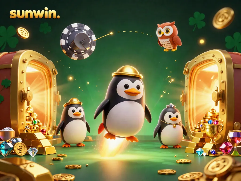 Experience the thrill of sunwin. as a golden penguin navigates a vibrant casino space.