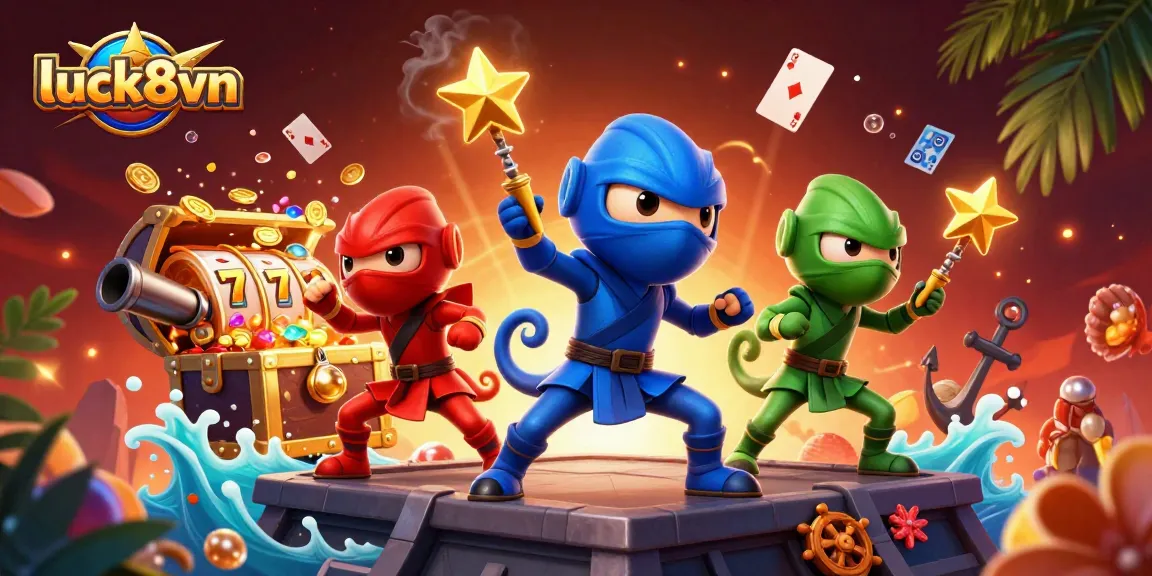 Luck8vn showcases a vibrant scene with ninja chameleons amid treasure hunting and slot excitement.