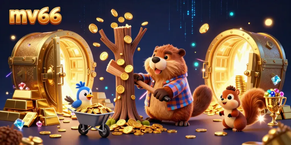 Spin to win with mv66's vibrant casino illustration featuring a lumberjack beaver amidst gold coins.