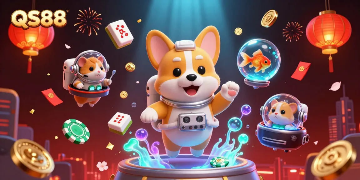 Experience the thrill at QS88 with a lively 3D casino illustration showcasing games and fun elements.