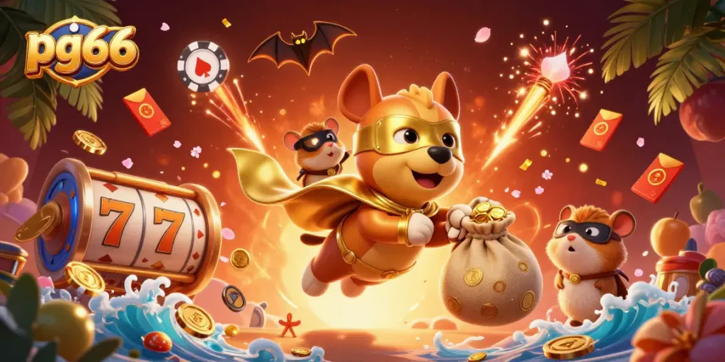 Win big with pg66 as a superhero dog flies with gold coins amidst vibrant casino elements.